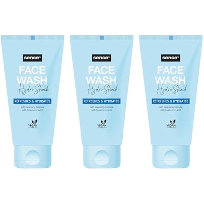Sence HYDRO SHOCK FACE WASH GEL, BEAUTY FACE WASH FACE CARE, VEGAN COSMETICS WITH CASTOR OIL, GLYCERINE AND PANTHENOL, DAILY FACE CARE FOR MEN AND WOMEN, PACK OF 3 (3 X 150 ML) - Image 1